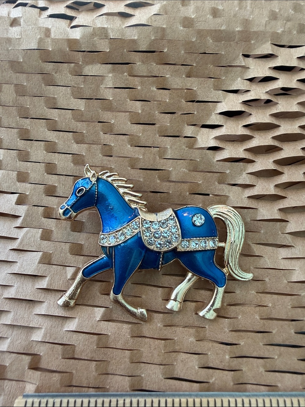 Vintage Blue Enamel Crystal Horse Brooch